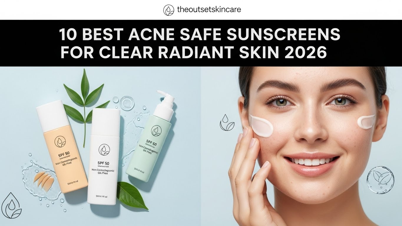 "Image promoting acne-safe sunscreens featuring three SPF 50 bottles with leaves and droplets, alongside a smiling woman applying sunscreen."