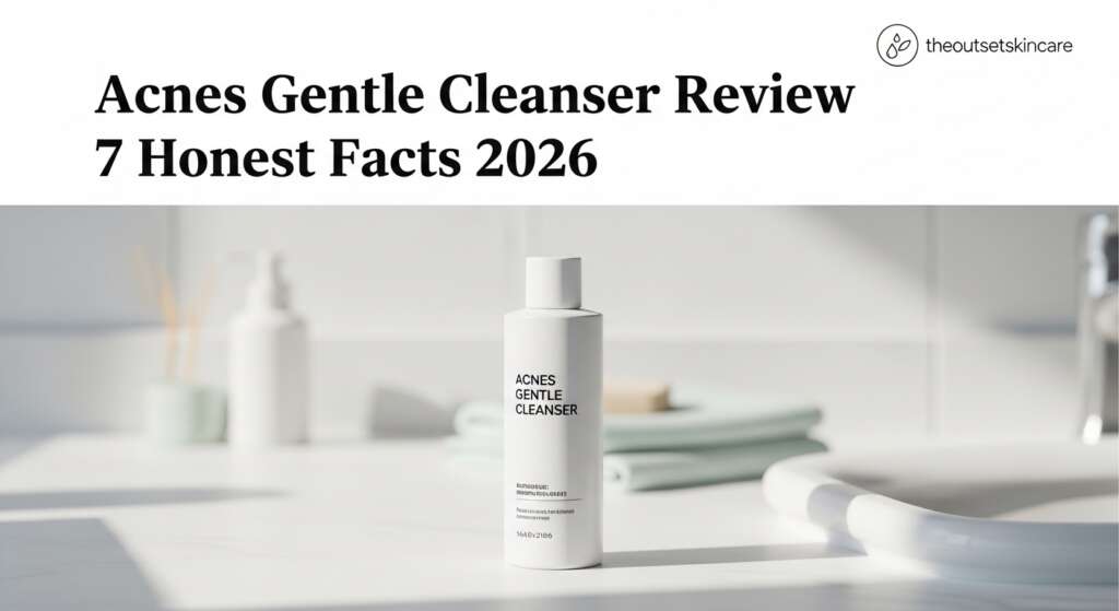 Bottle of Acnes Gentle Cleanser on a white bathroom counter with folded towels in the background. Text reads "Acnes Gentle Cleanser Review: 7 Honest Facts 2026".