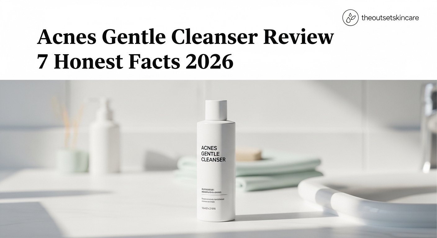Bottle of Acnes Gentle Cleanser on a white bathroom counter with folded towels in the background. Text reads "Acnes Gentle Cleanser Review: 7 Honest Facts 2026".