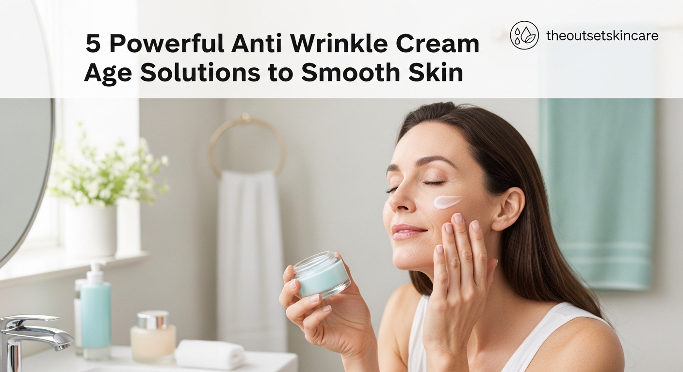 Woman with smooth skin applies anti-wrinkle cream in a bright bathroom. Text reads, "5 Powerful Anti Wrinkle Cream Age Solutions to Smooth Skin."