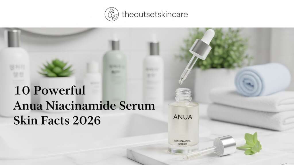 A bathroom counter features Anua Niacinamide Serum with a dropper. Nearby are neatly stacked towels, skincare bottles, a plant, and text about skincare facts.