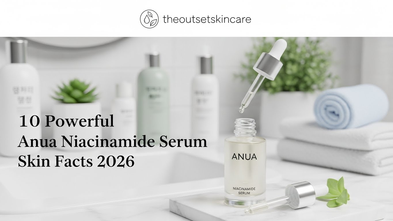 A bathroom counter features Anua Niacinamide Serum with a dropper. Nearby are neatly stacked towels, skincare bottles, a plant, and text about skincare facts.