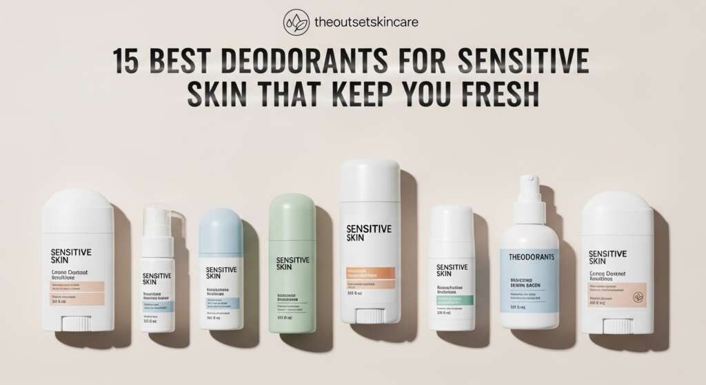 Array of deodorant bottles and sticks labeled "Sensitive Skin" in pastel colors against a light backdrop. Text: "15 Best Deodorants for Sensitive Skin."
