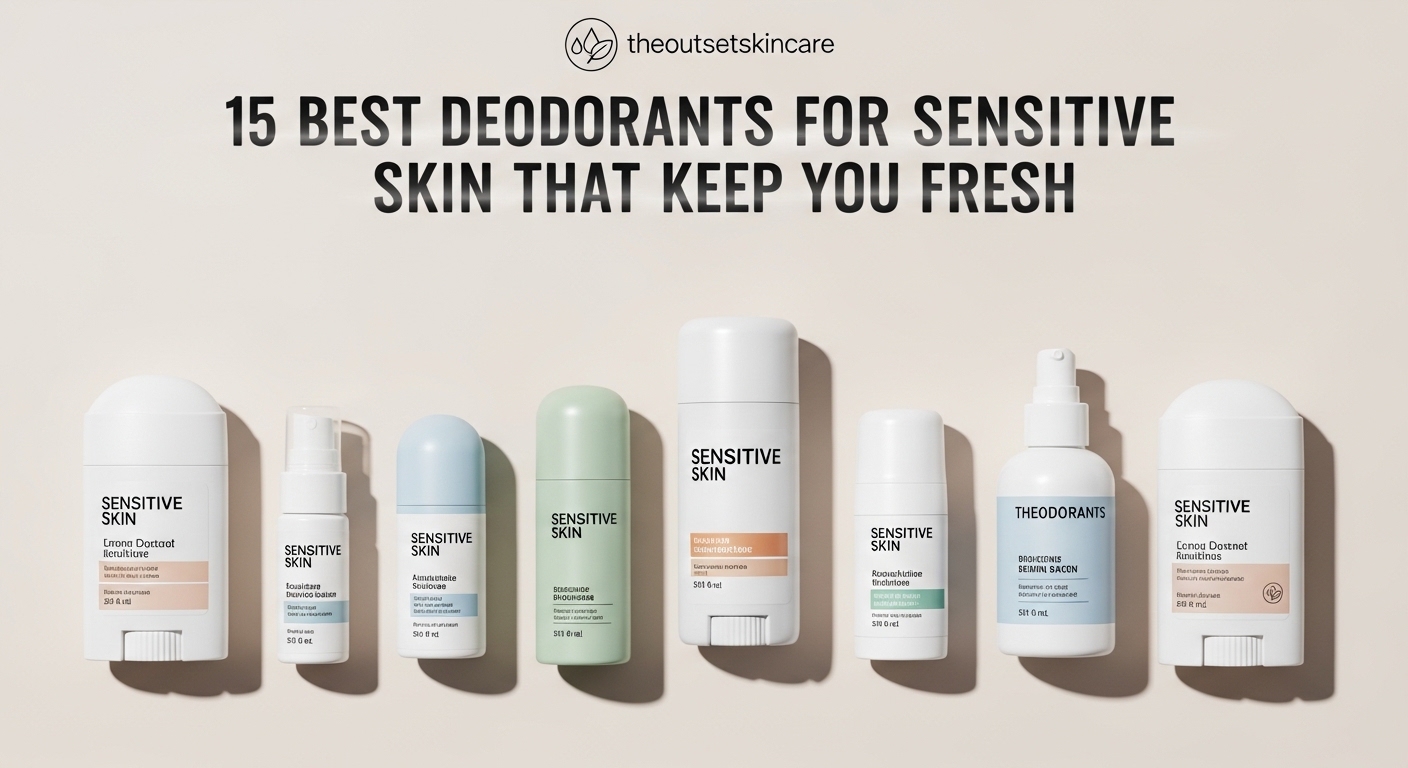 Array of deodorant bottles and sticks labeled "Sensitive Skin" in pastel colors against a light backdrop. Text: "15 Best Deodorants for Sensitive Skin."