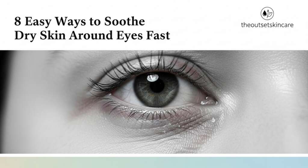 Close-up of an eye surrounded by dry, flaky skin. Text reads, "8 Easy Ways to Soothe Dry Skin Around Eyes Fast," with a skincare logo. Tone: informative.