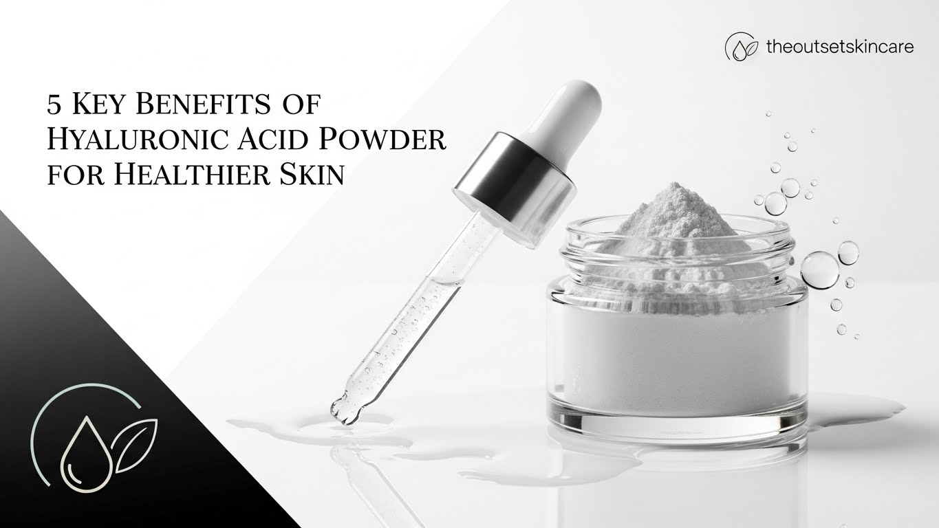 A jar of white hyaluronic acid powder with a dropper on a white surface. Text reads "5 Key Benefits of Hyaluronic Acid Powder for Healthier Skin", with a skincare logo.