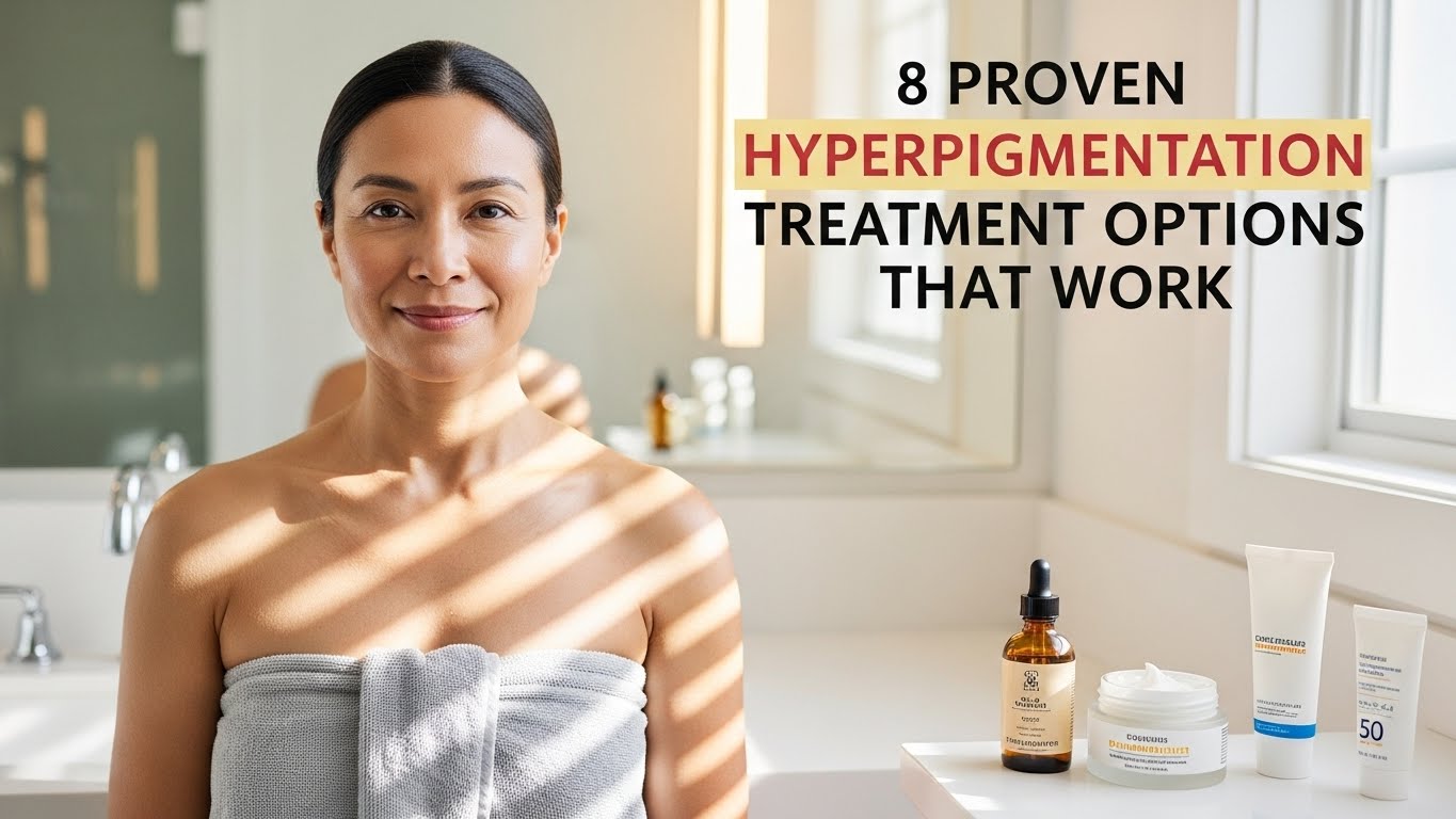 A woman with a towel wrapped around her sits in a sunlit bathroom, surrounded by skincare products. Text reads "8 Proven Hyperpigmentation Treatment Options That Work."
