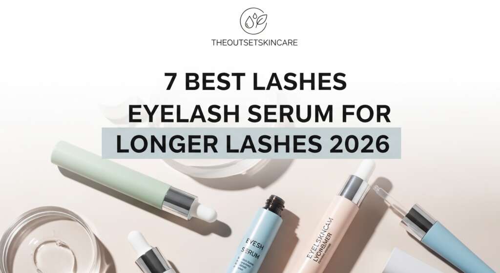 "7 Best Lashes: Eyelash Serum for Longer Lashes 2026" features various serum bottles on a white surface, conveying a modern and clean aesthetic.
