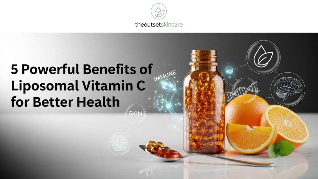 "An amber pill bottle filled with capsules sits beside sliced oranges on a white surface. Text reads '5 Powerful Benefits of Liposomal Vitamin C for Better Health.' Overlay icons represent skin, immune system, and brain benefits."
