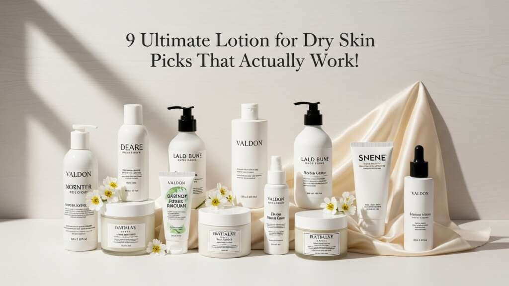 A selection of skincare products for dry skin, including bottles and jars, arranged on a light surface with subtle shadows. Daisies are scattered among them, conveying a fresh, natural vibe. The text reads: "9 Ultimate Lotion for Dry Skin Picks That Actually Work!"