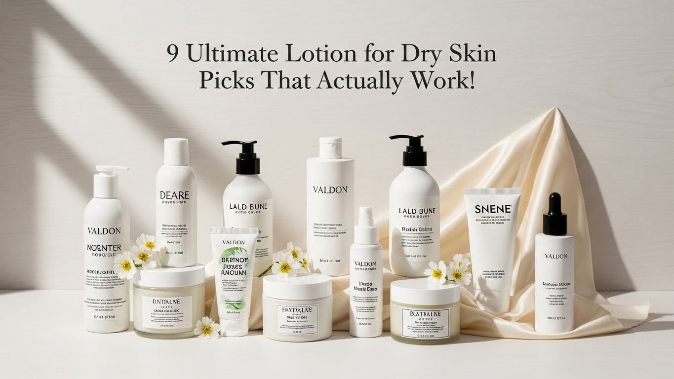 A selection of skincare products for dry skin, including bottles and jars, arranged on a light surface with subtle shadows. Daisies are scattered among them, conveying a fresh, natural vibe. The text reads: "9 Ultimate Lotion for Dry Skin Picks That Actually Work!"