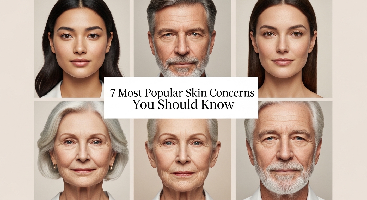 Collage of diverse individuals, young and old, expressing calm and confidence. Central text reads: "7 Most Popular Skin Concerns You Should Know."