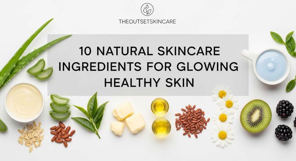 "Flat lay of natural skincare ingredients, including aloe, cucumber, honey, oil, and fruits, with the text '10 Natural Skincare Ingredients for Glowing Healthy Skin' prominently displayed. The tone is fresh and inviting."