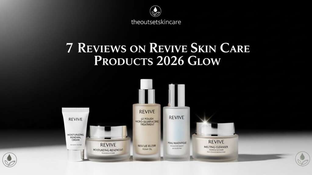 Shelf with Revive skincare products in sleek glass and metallic bottles and jars, lit dramatically. Text reads: "7 Reviews on Revive Skin Care Products 2026 Glow."