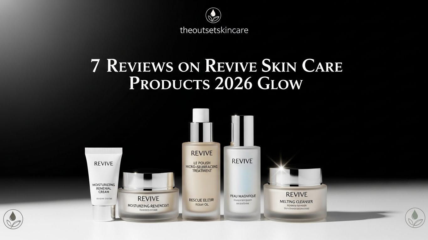 Shelf with Revive skincare products in sleek glass and metallic bottles and jars, lit dramatically. Text reads: "7 Reviews on Revive Skin Care Products 2026 Glow."