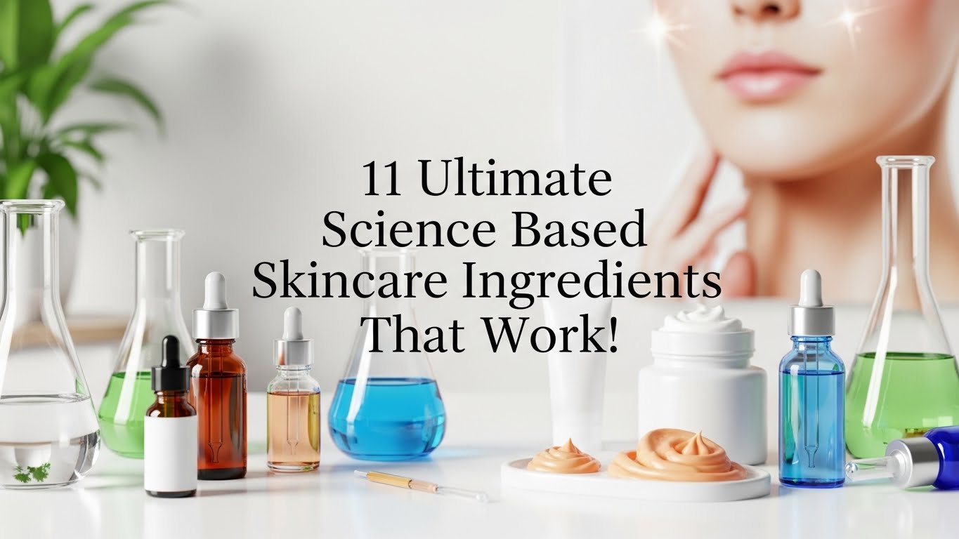 A clean, modern skincare setup with blue, brown, and green bottles, a leaf, and a blurred woman's face. Text reads: "11 Ultimate Science Based Skincare Ingredients That Work