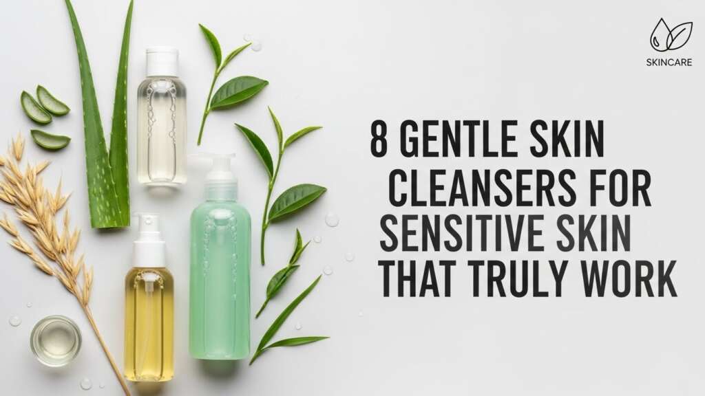 Bottles of skincare cleansers surrounded by aloe, oat stalks, and green leaves. Text reads "8 Gentle Skin Cleansers for Sensitive Skin That Truly Work."