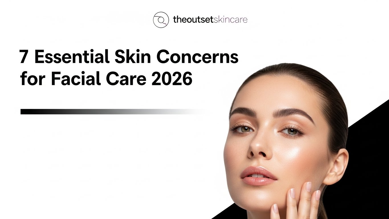 "Promotional image for '7 Essential skin concerns for facial​ Care 2026' by the outset skincare. Woman with glowing skin touching her face. Professional and serene tone."