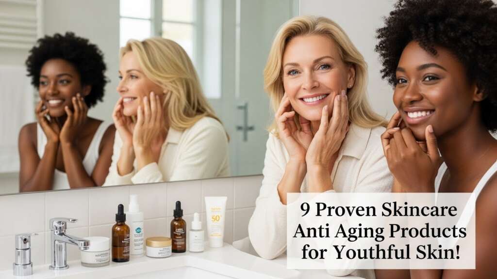 Two women happily apply skincare products in a bright bathroom. Bottles are on the counter. Caption reads, "9 Proven Skincare Anti Aging Products for Youthful Skin!"