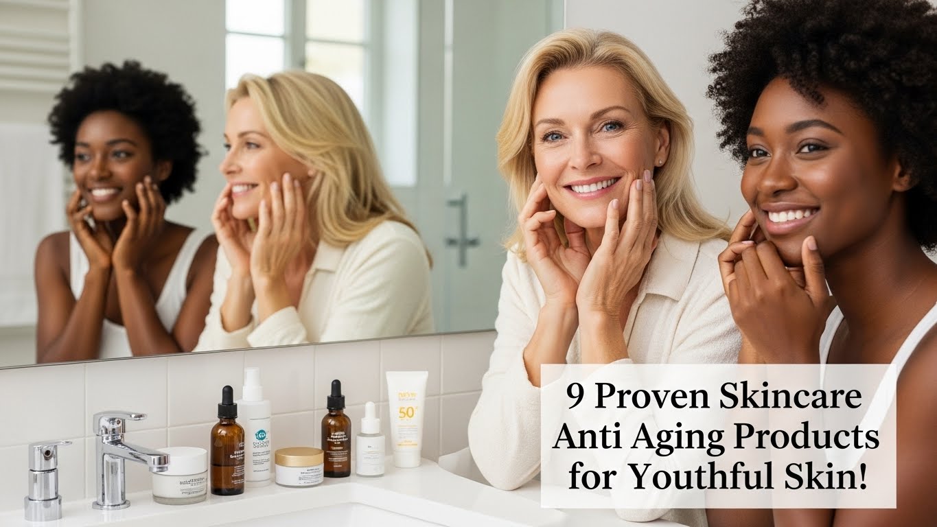 Two women happily apply skincare products in a bright bathroom. Bottles are on the counter. Caption reads, "9 Proven Skincare Anti Aging Products for Youthful Skin!"