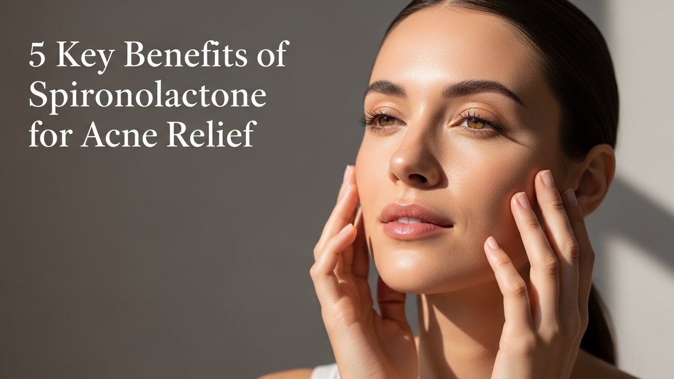 A woman touches her face with a serene expression, illuminated by soft lighting. Text reads, "5 Key Benefits of Spironolactone for Acne Relief," conveying a calm and informative tone.