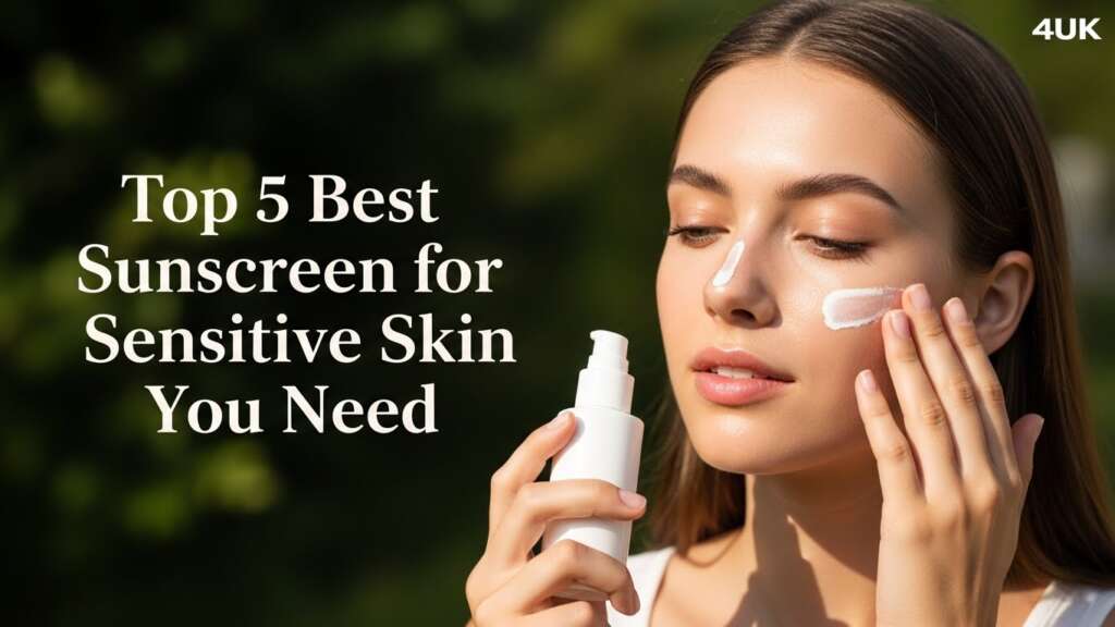 A woman applies sunscreen to her face, holding a bottle outdoors with a blurred green background. Text reads "Top 5 Best Sunscreen for Sensitive Skin You Need."