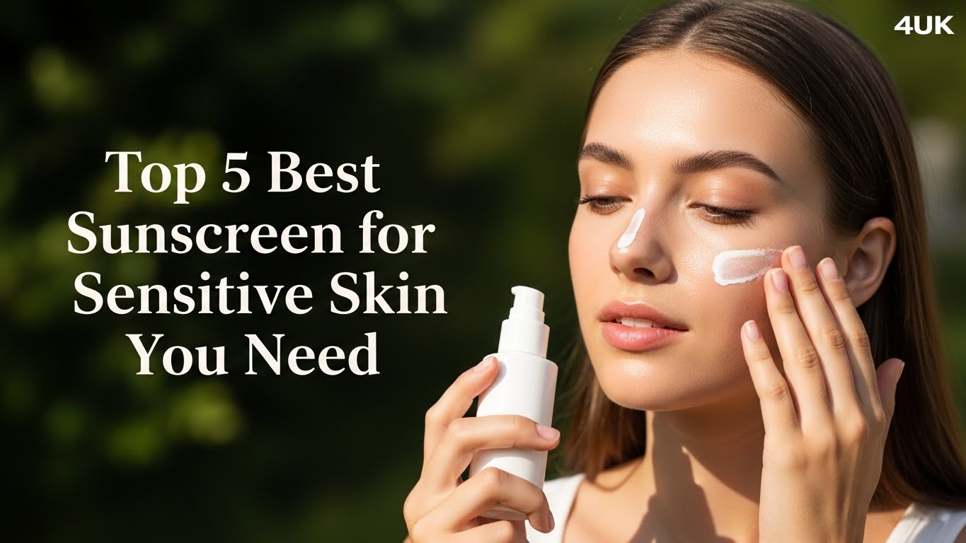 A woman applies sunscreen to her face, holding a bottle outdoors with a blurred green background. Text reads "Top 5 Best Sunscreen for Sensitive Skin You Need."