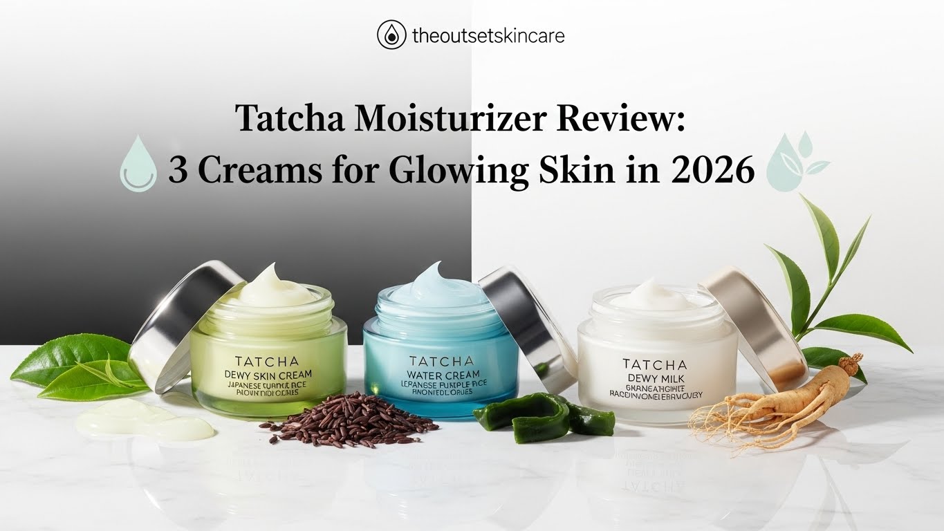 Three Tatcha moisturizers are displayed: Dewy Skin Cream, Water Cream, and Dewy Milk. They are paired with natural ingredients, signifying glowing skin.