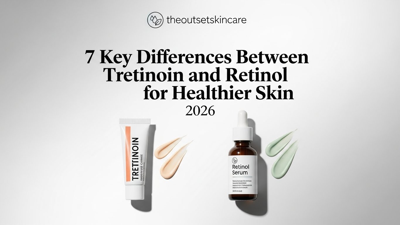 "Graphic titled '7 Key Differences Between Tretinoin and Retinol for Healthier Skin 2026' featuring a tube labeled Tretinoin and a bottle labeled Retinol Serum, with swatches of cream in beige and green. Logo at top reads 'theoutsetskincare.'"