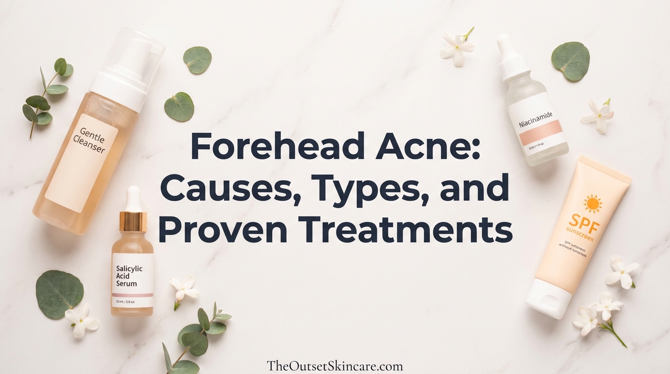 forehead acne causes types and proven treatments skincare products flat lay with cleanser salicylic acid, niacinamide, and SPF